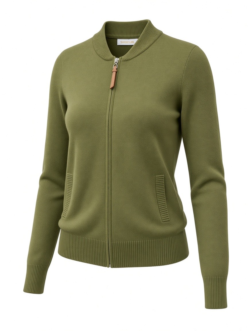Dámsky sveter na zips s vreckami E-WOMAN Olivovozelený s.WEAR 4